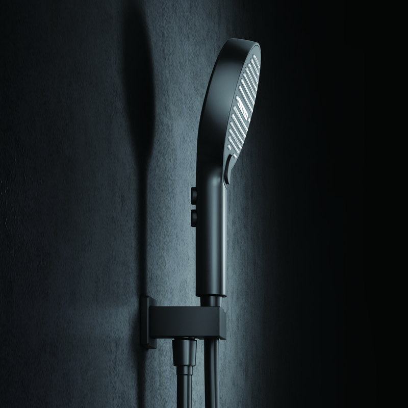 Hand shower held on a sliding rail in a dark shower
