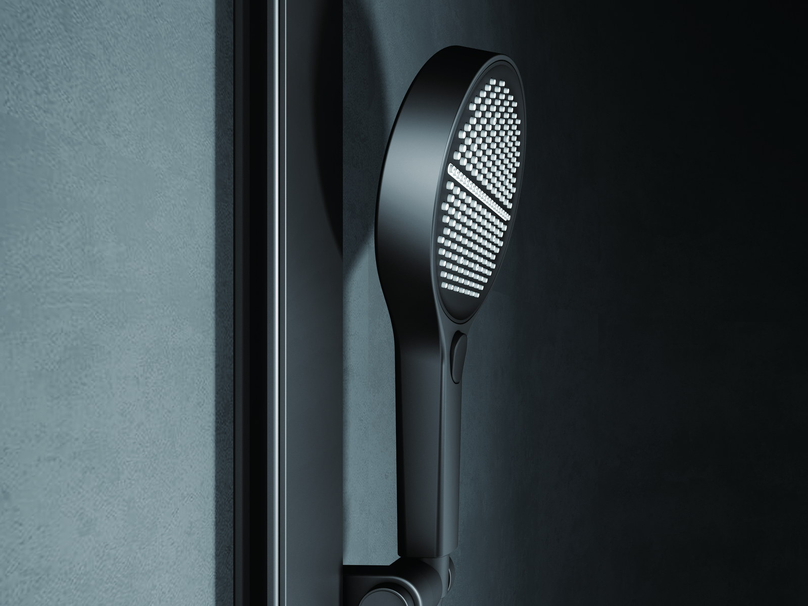 Hand shower with textured grip mounted on a wall rail