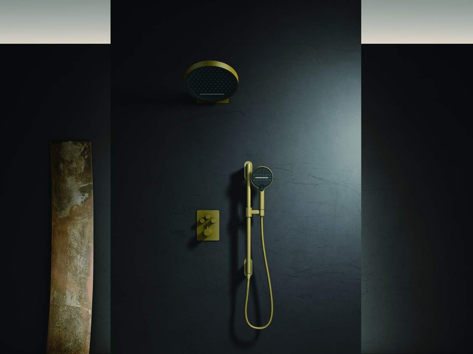 Hotel shower with concealed rain head and hand shower in dark stone