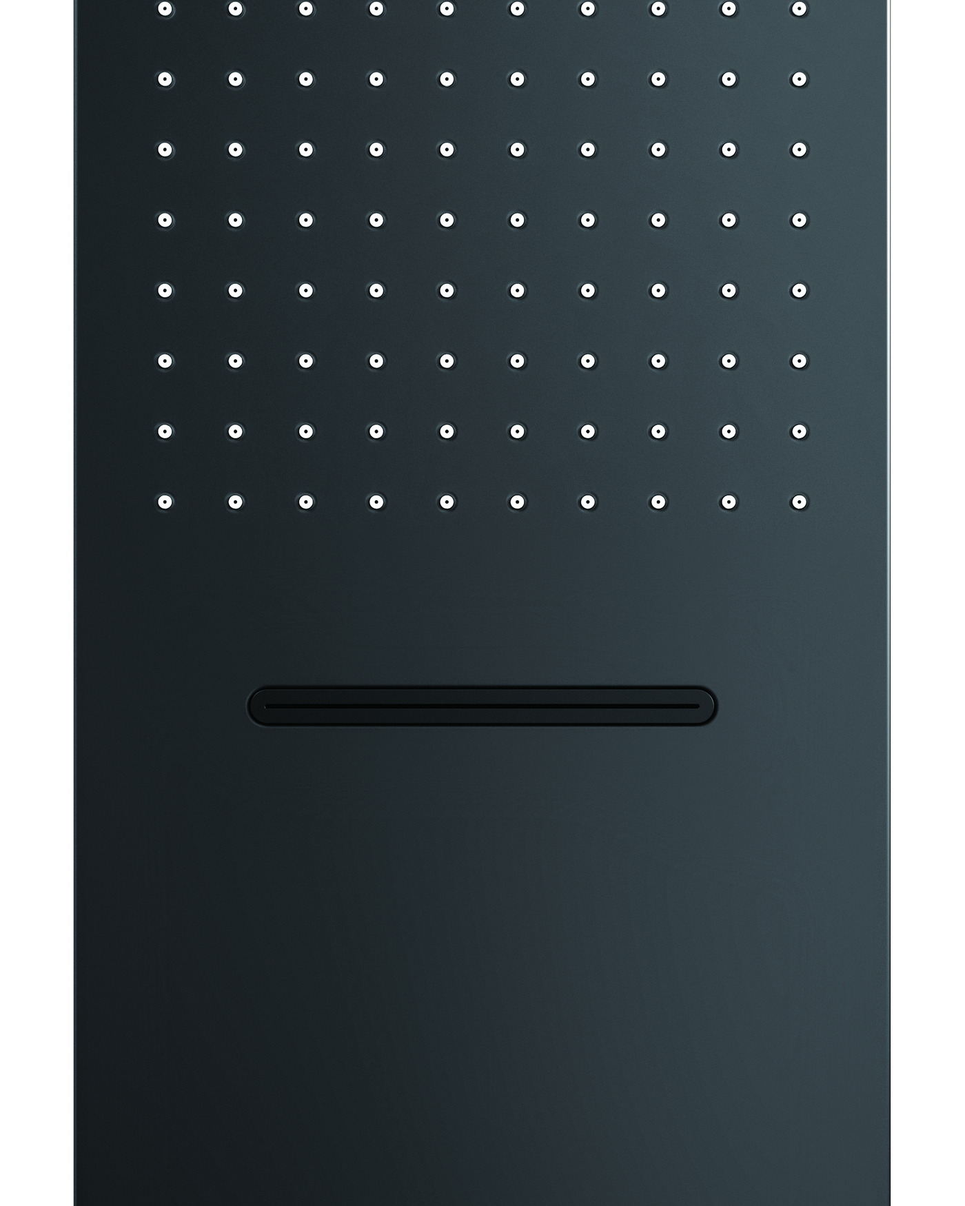 A rain shower panel showing its spray face and outlet