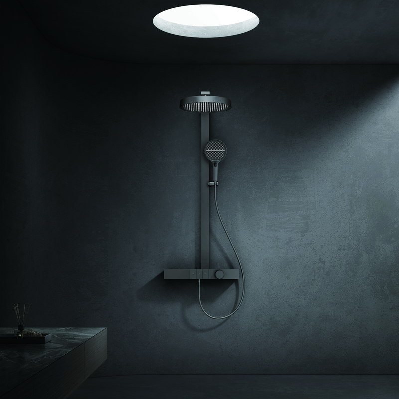 Ceiling-mounted rain shower head seen from below
