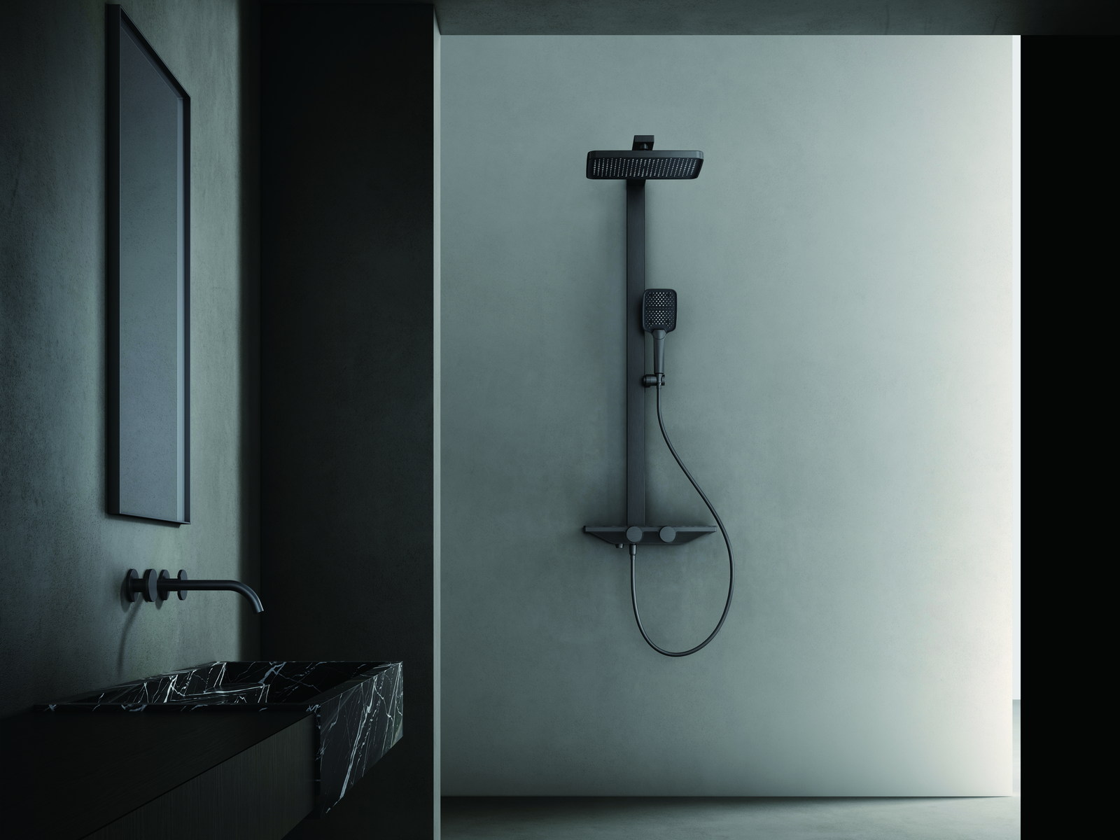 Residential shower with wall-mounted rain head and hand shower