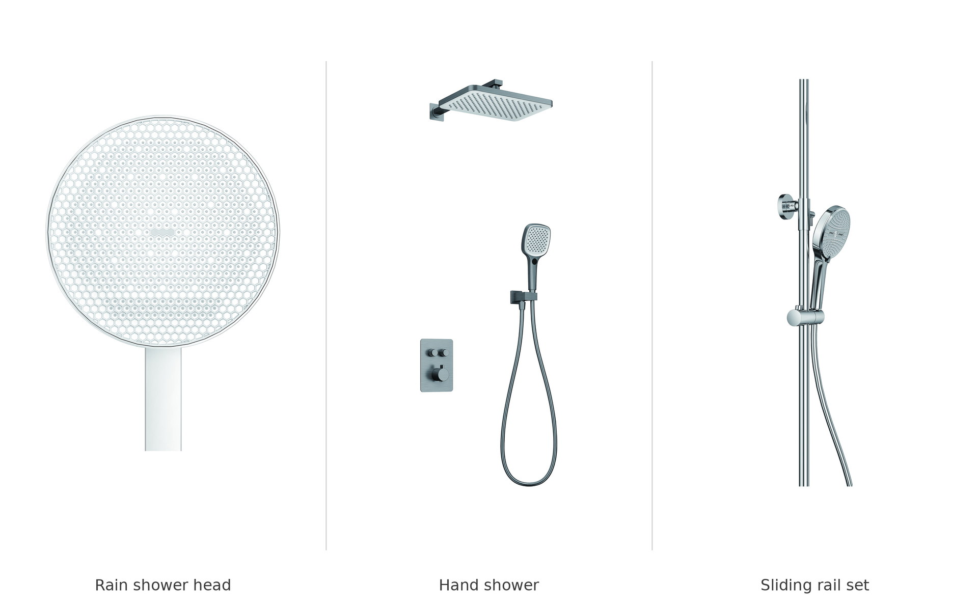 Comparison of rain shower head, hand shower and sliding rail set configurations