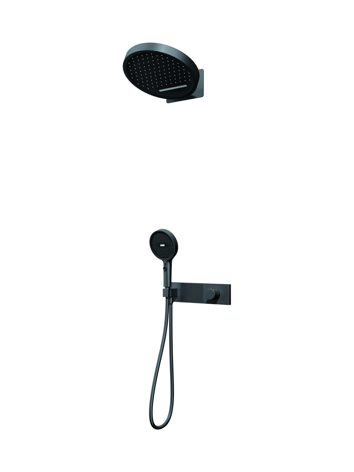 Shower head and hand shower pairing shown in matte black