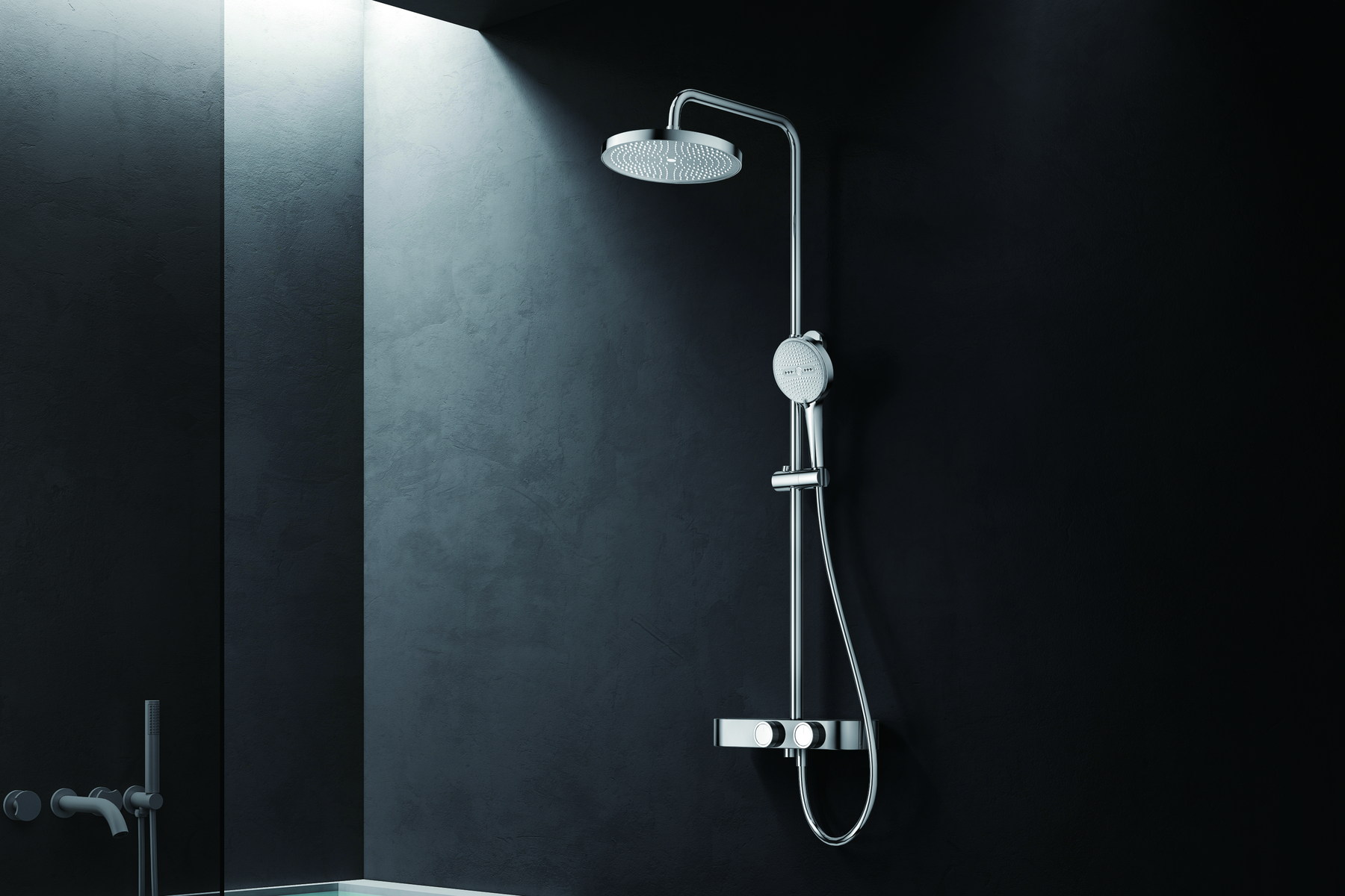 Shower head and hand shower installed in a finished bathroom