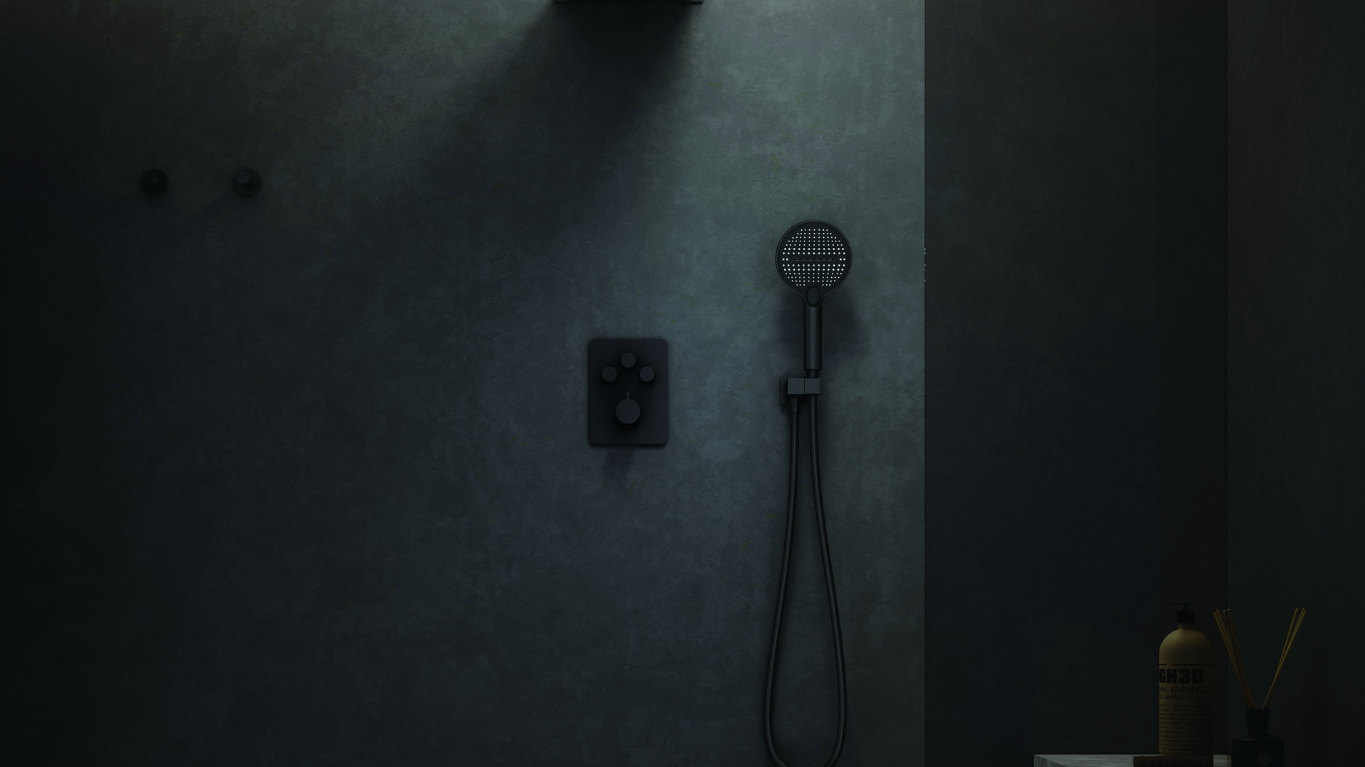 Shower controls and hand shower installed on a dark feature wall
