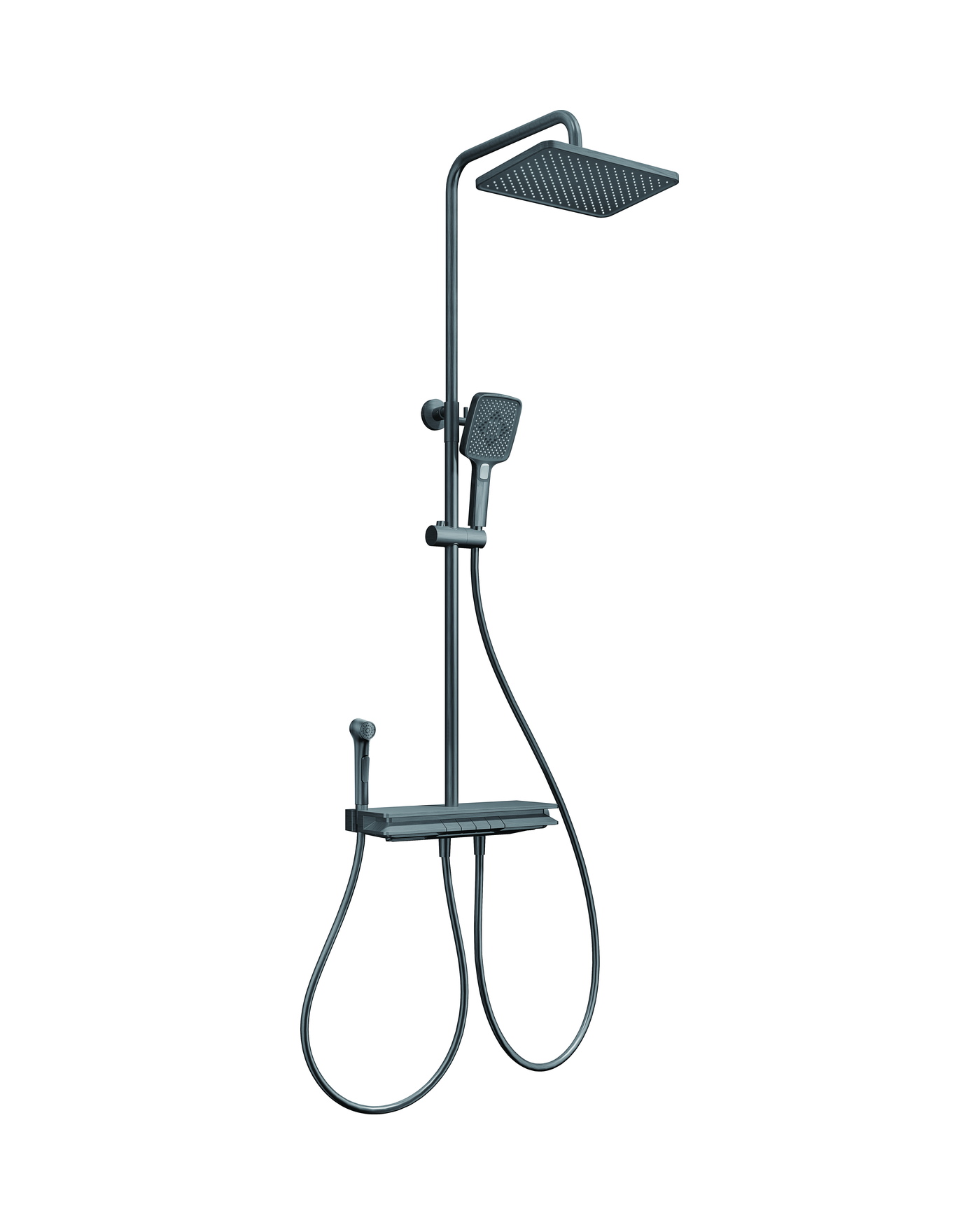 Shower set shown with riser, rain head, hand shower and hose