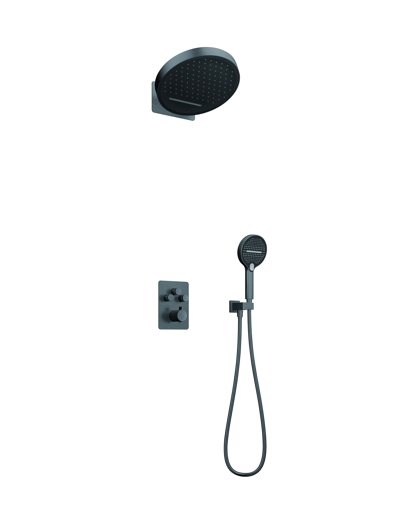 Concealed shower set with rain head, hand shower and control plate