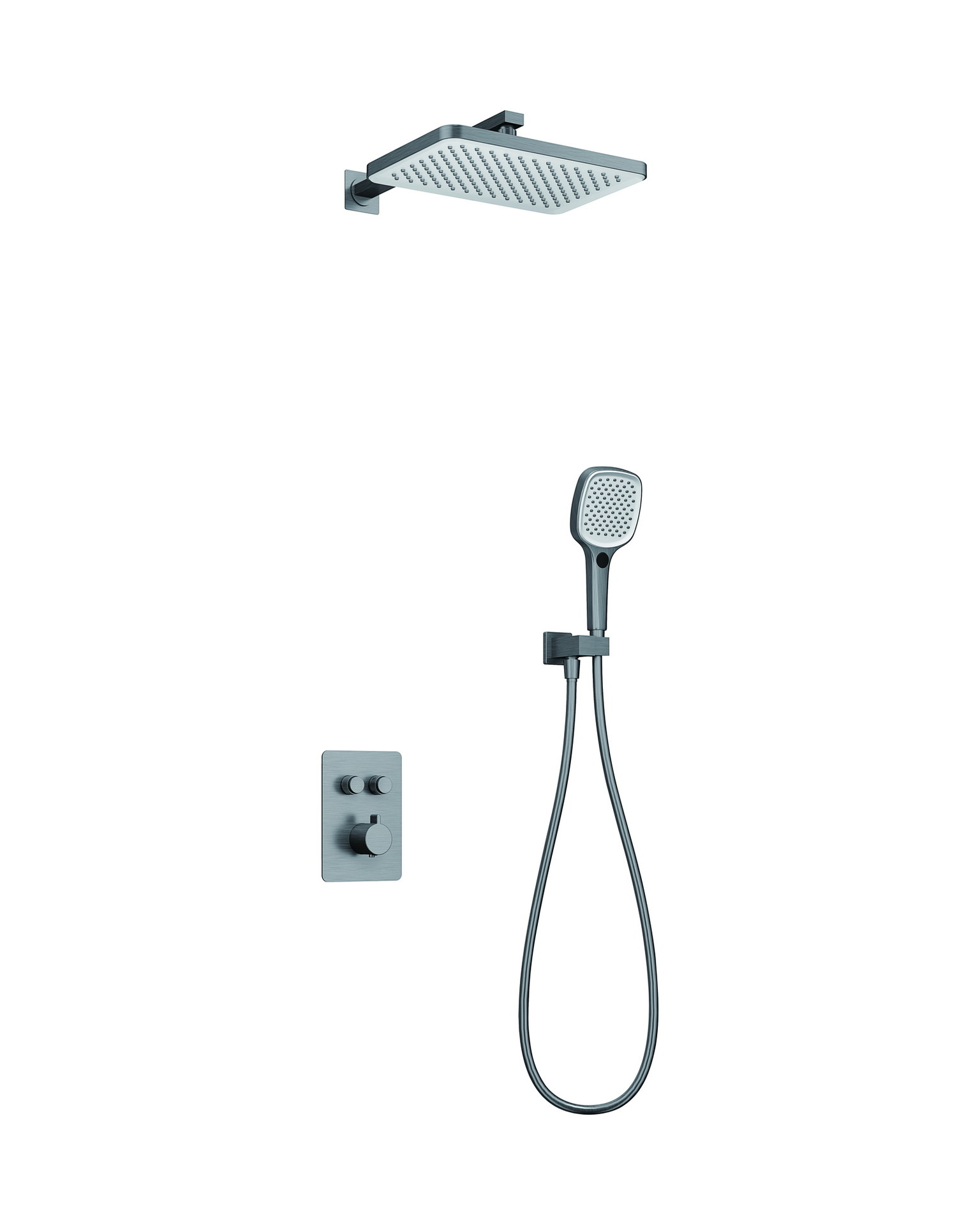 Concealed shower system with overhead head, control plate and hand shower