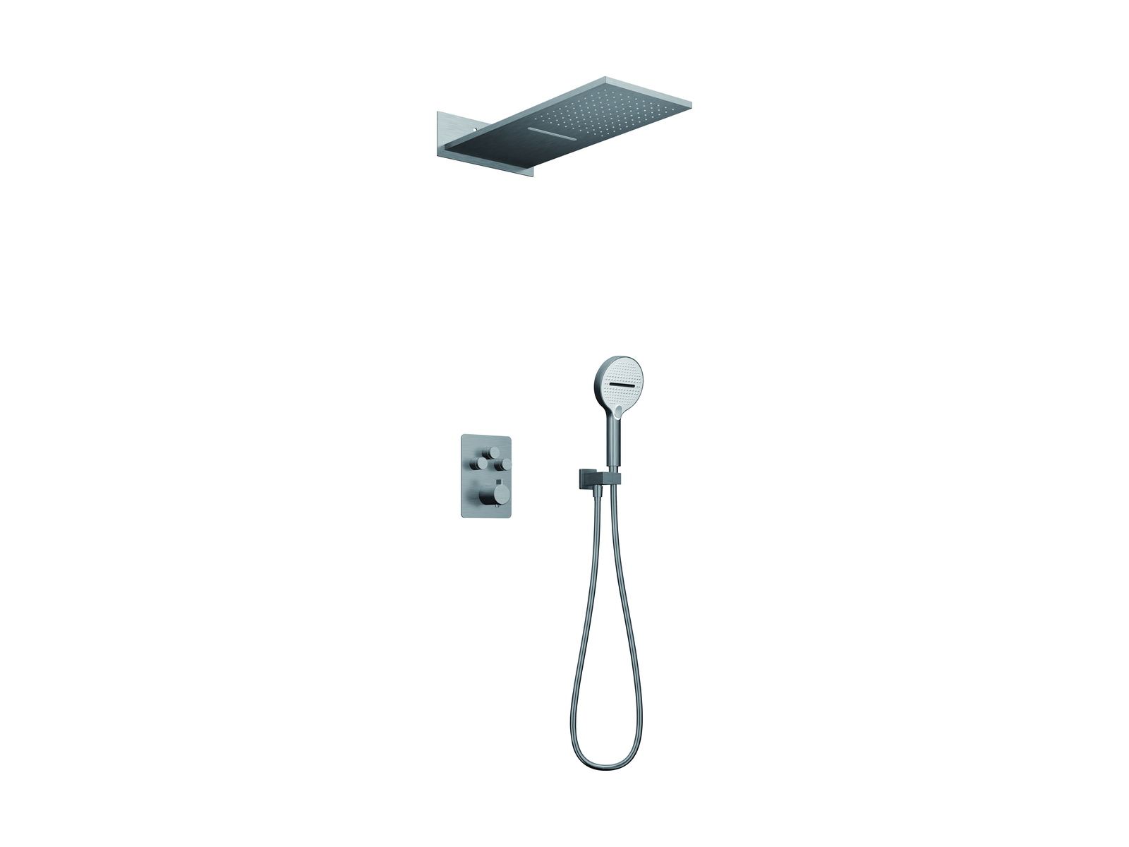 Concealed shower system with wall outlet, valve plate and hand shower