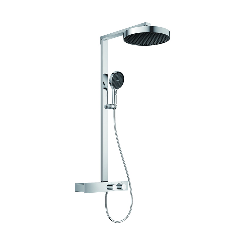 Exposed shower system with riser, rain head and hand shower