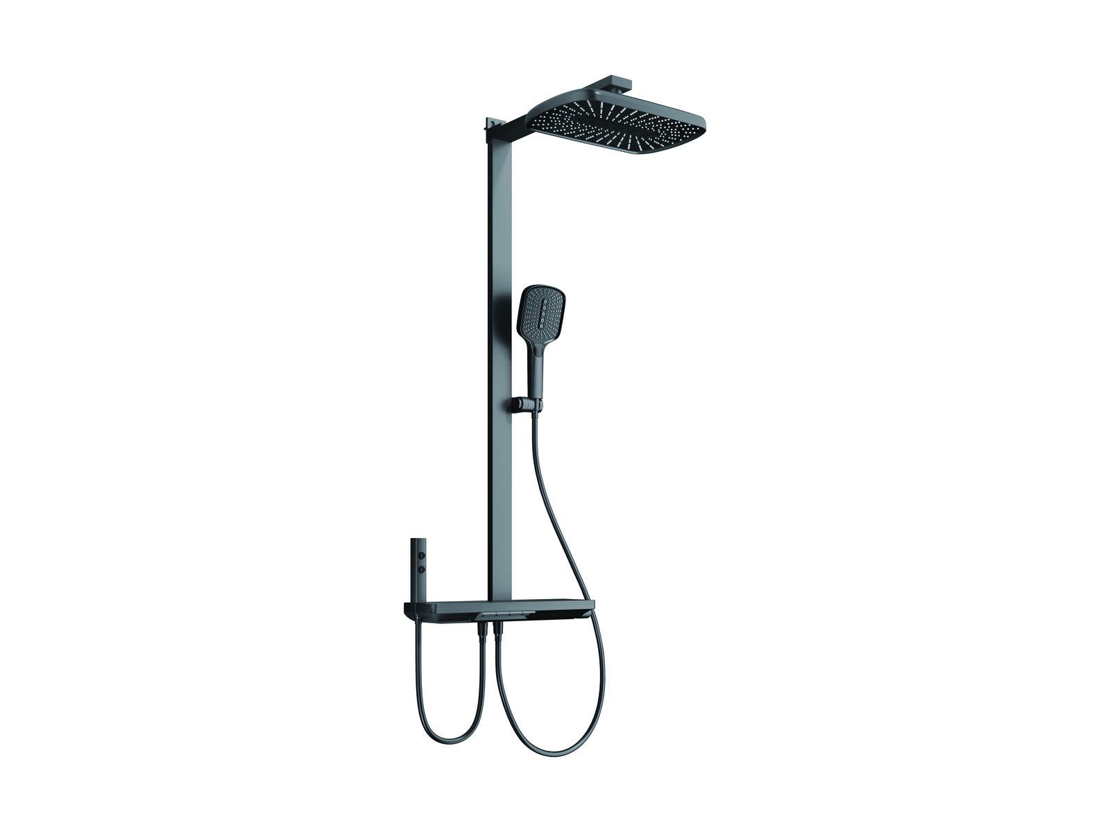 Exposed shower system with square rain head, shelf and hand shower