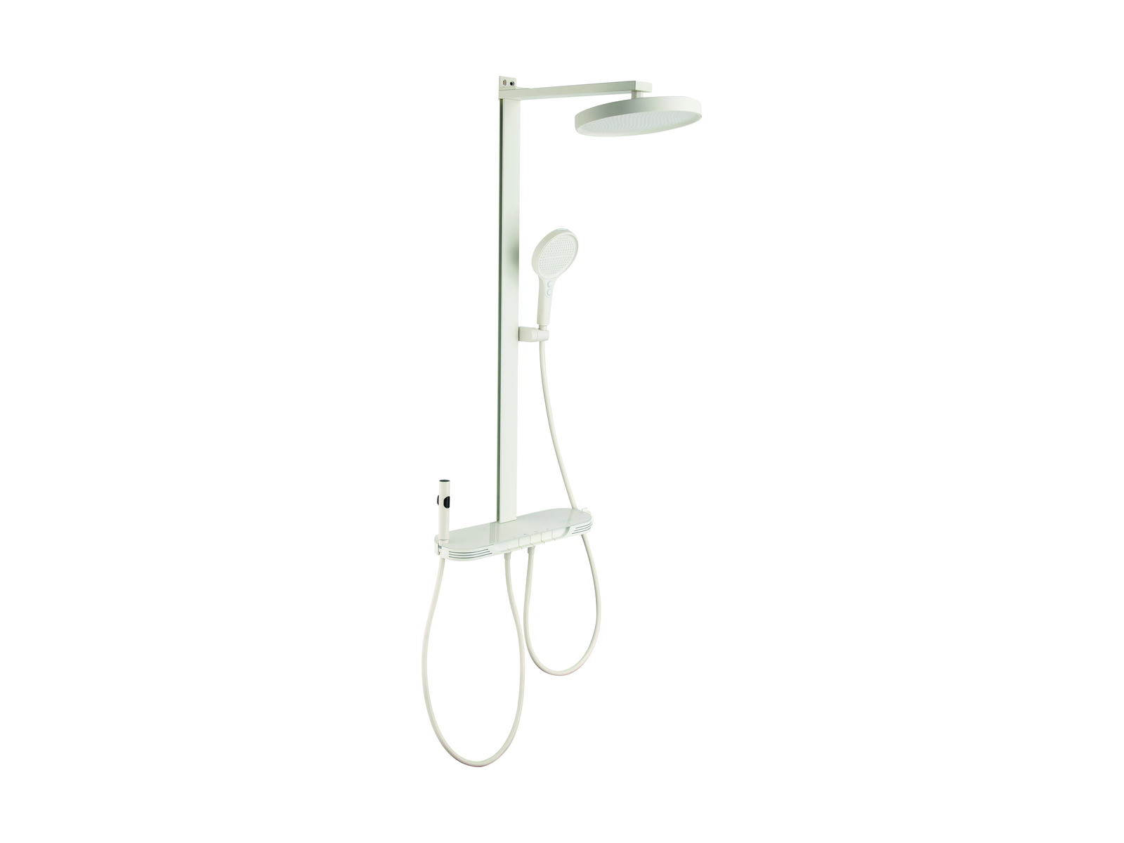 Rain shower system with overhead head and coordinated riser