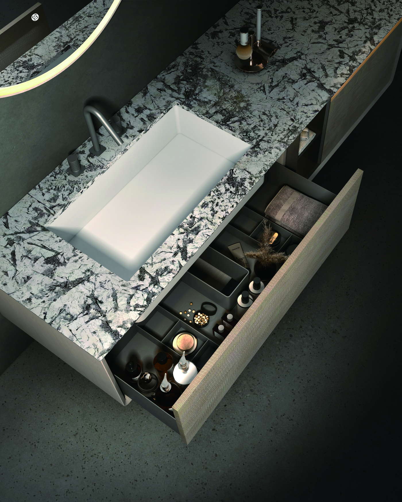 Samples and reference items organized for a shower system enquiry