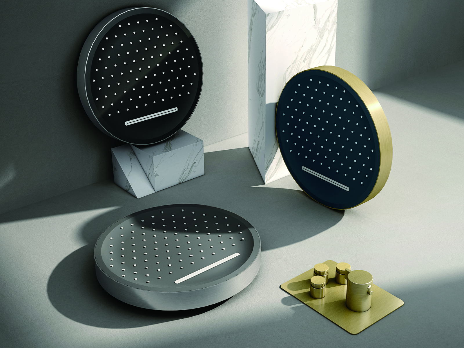 Shower heads and finish options arranged for showroom display