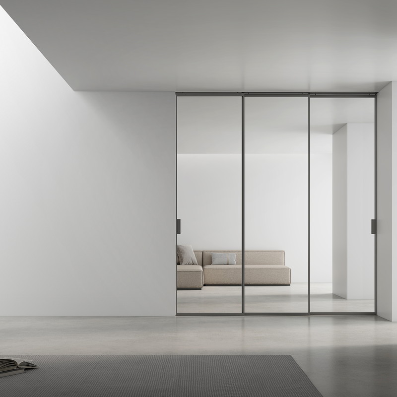 Sliding shower door in a compact bathroom