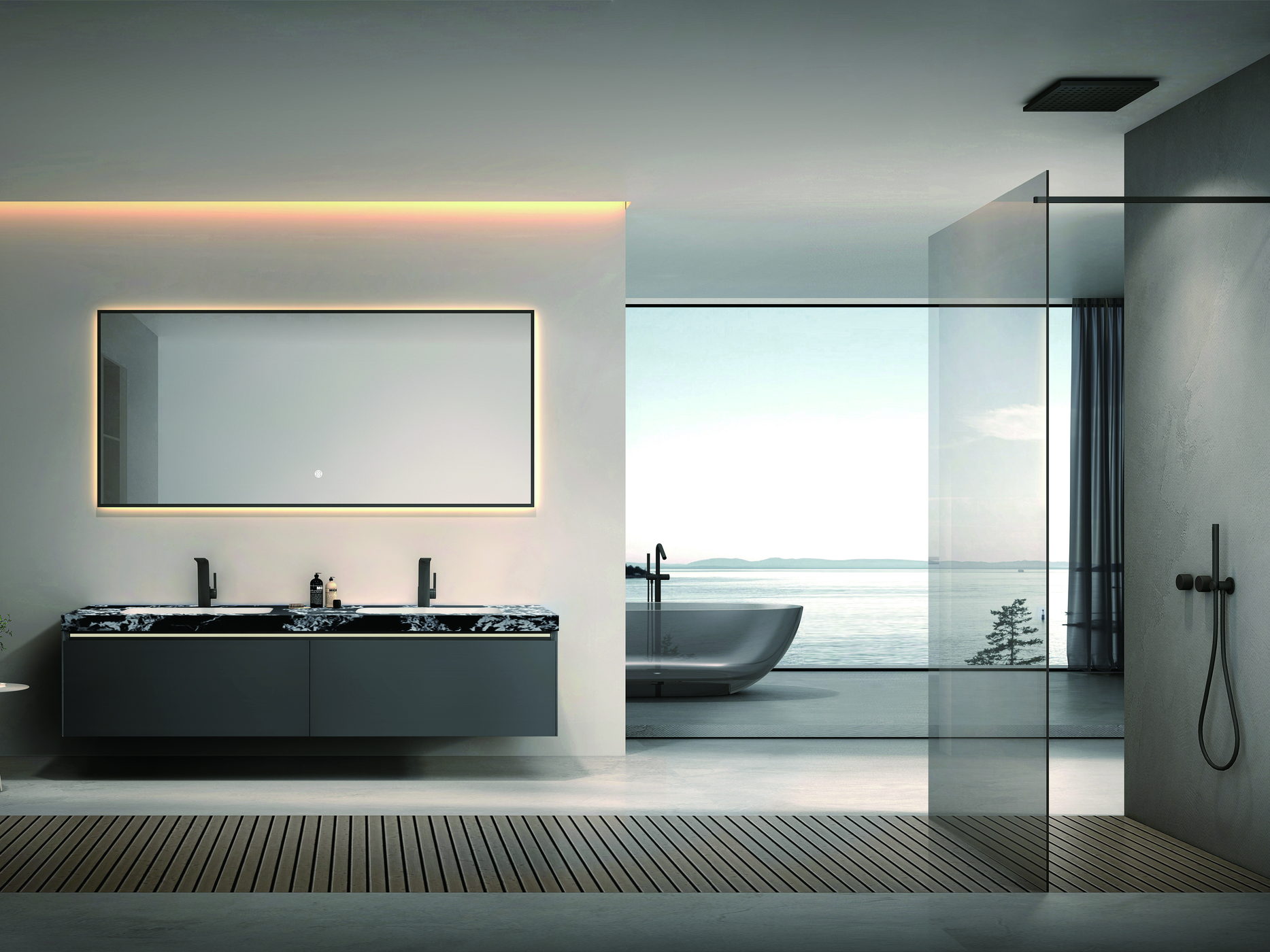 Compact bathroom with a glass shower enclosure