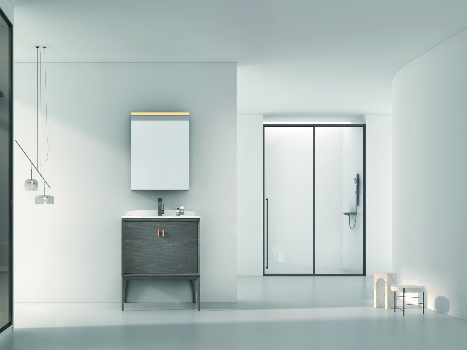 Bathroom display with a glass shower enclosure