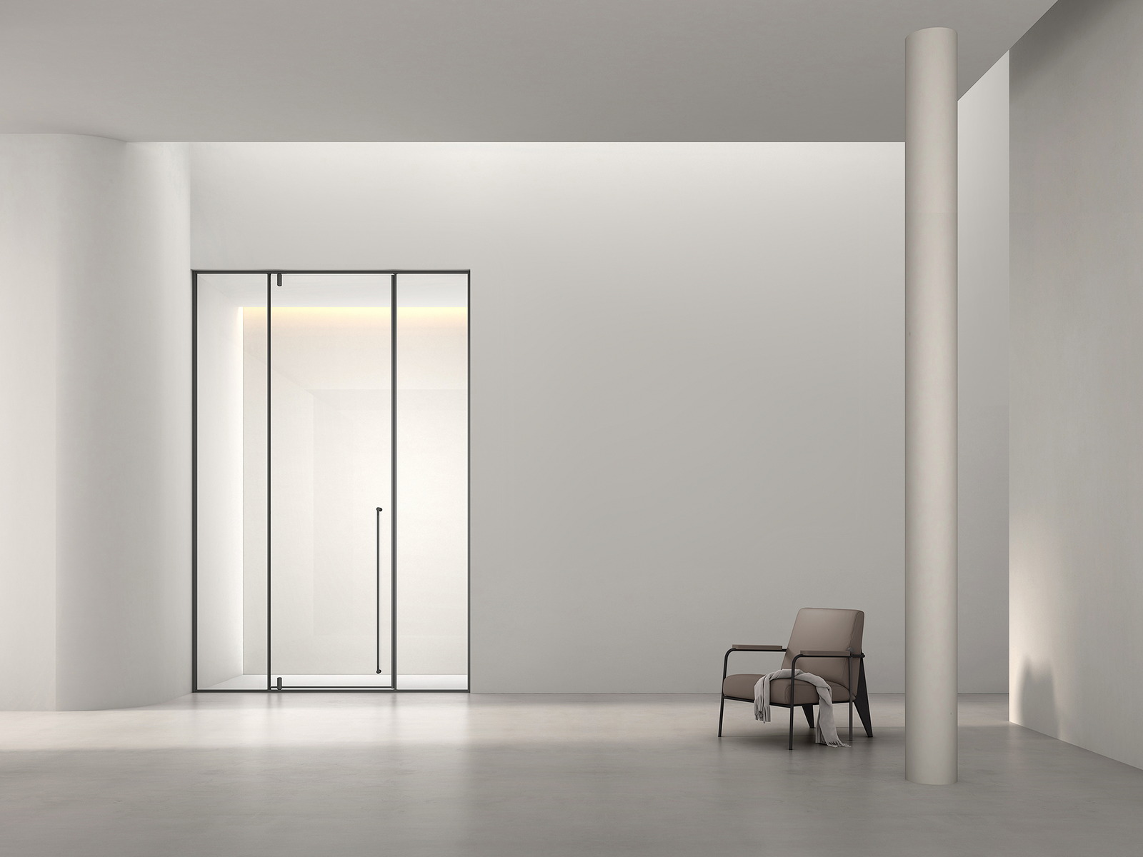 Three-panel sliding shower enclosure across a wide opening