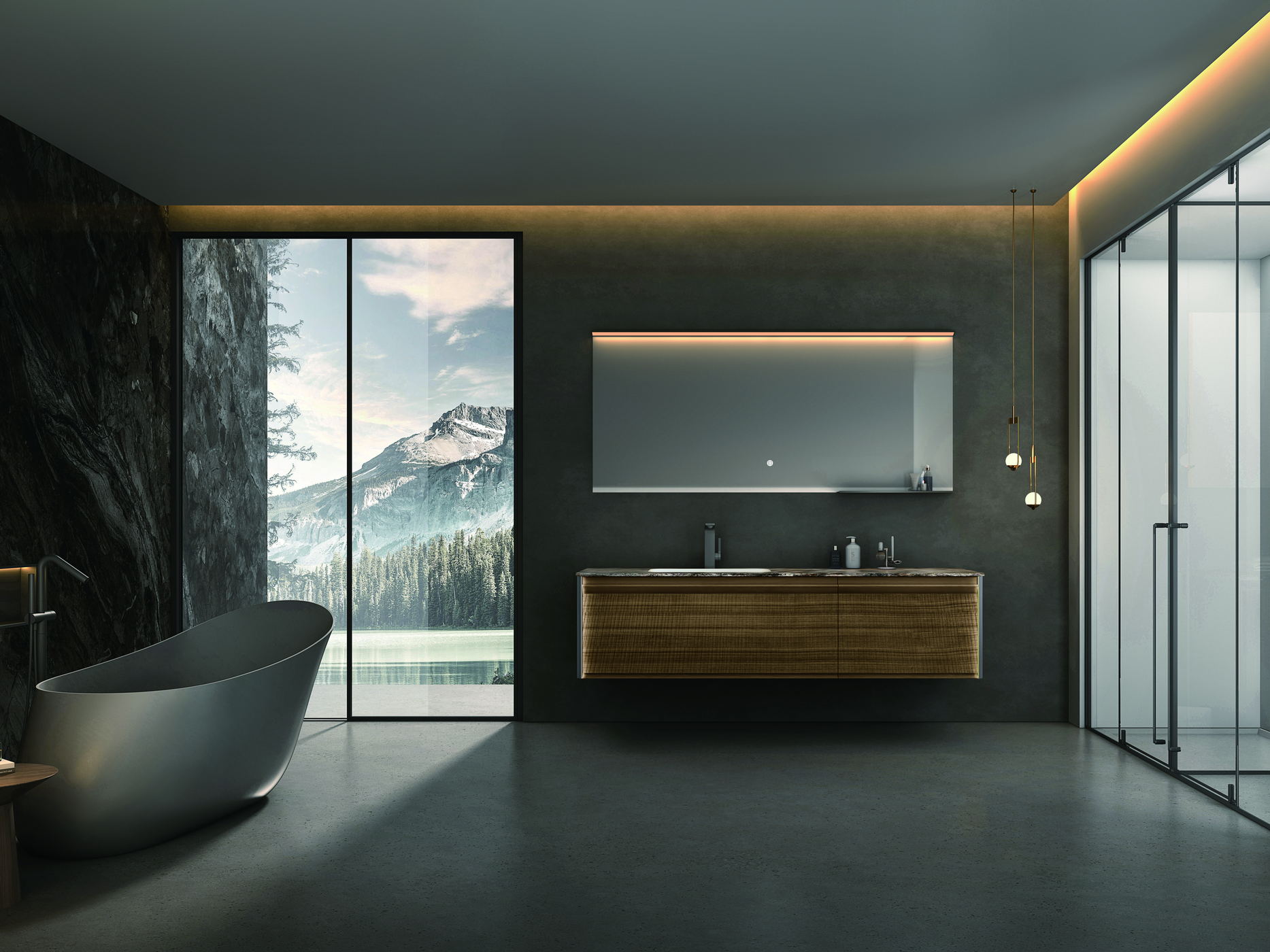 Apartment and villa bathroom with a solid wood vanity