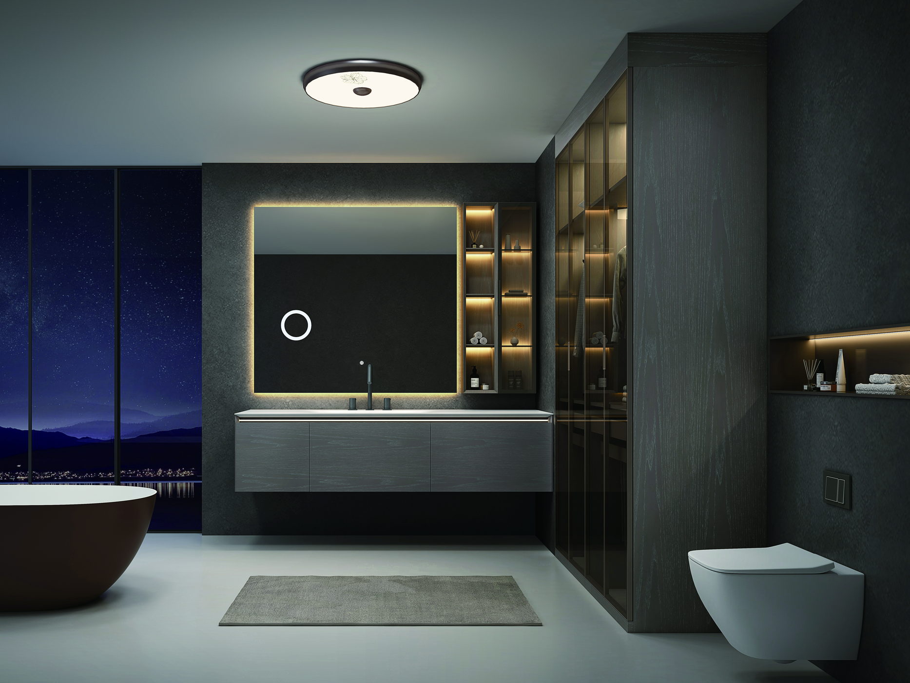 Boutique hotel bathroom with a solid wood vanity