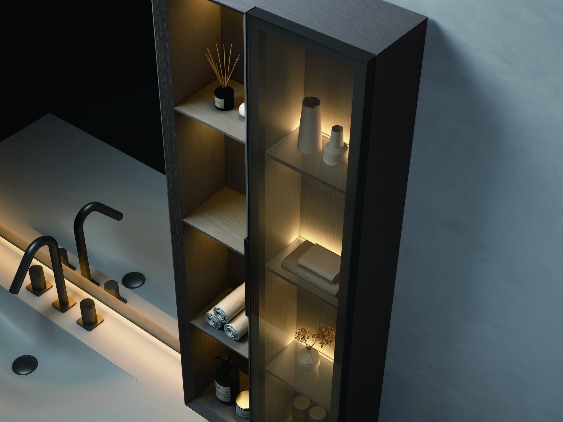 A dark vanity cabinet with open shelves and a wall-mounted tap