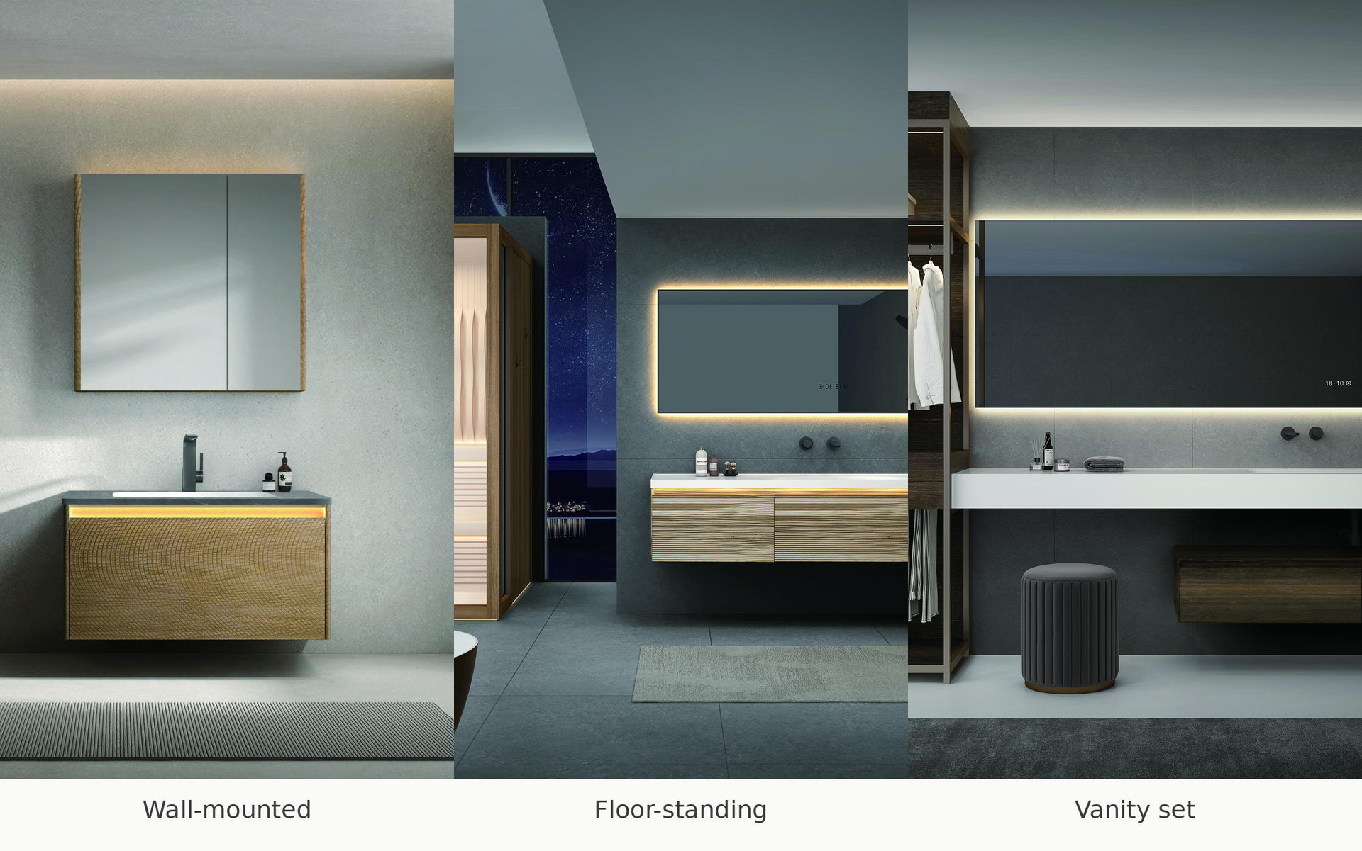 Comparison of wall-mounted, floor-standing and set solid wood vanities