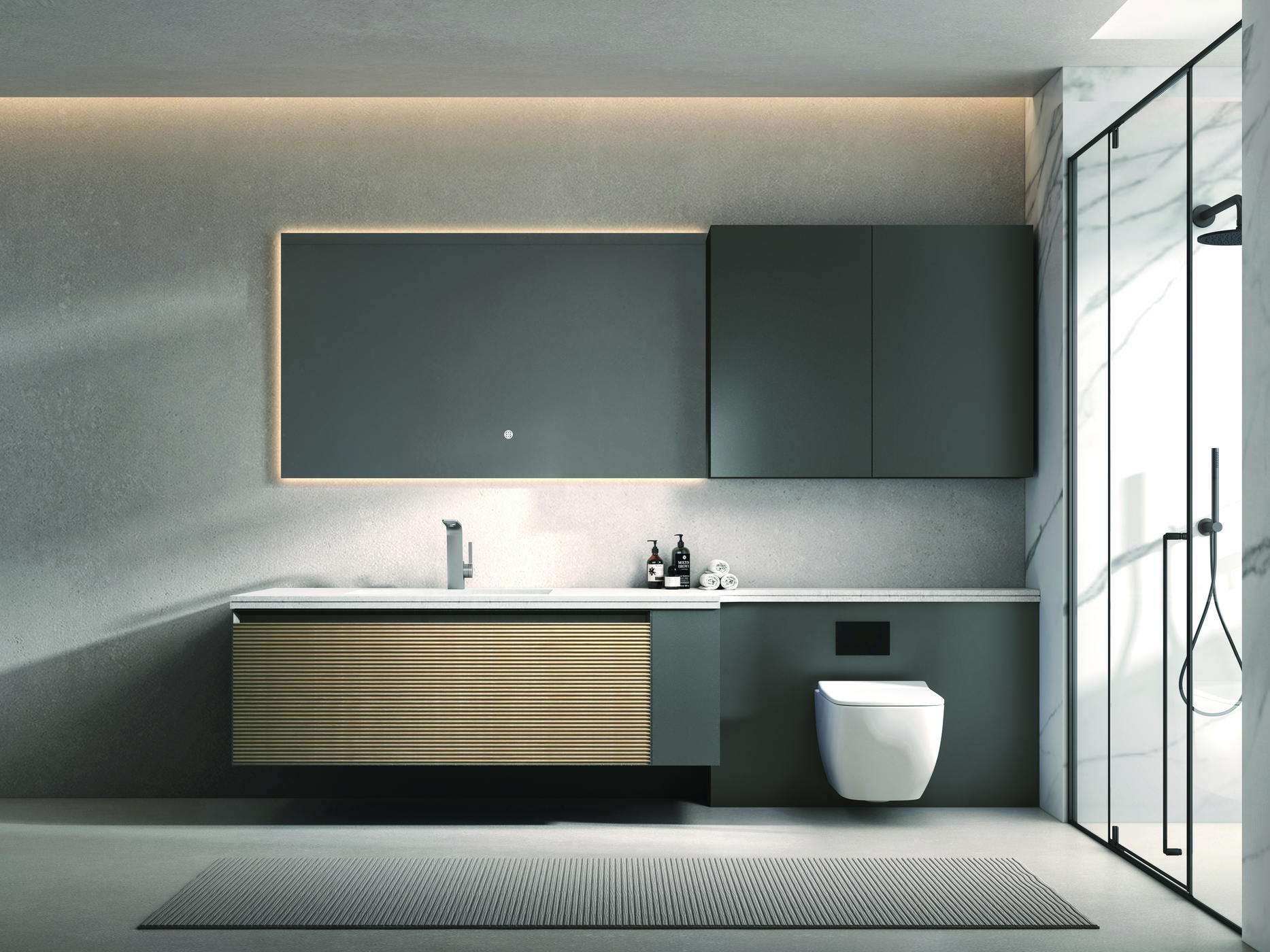 Custom residential bathroom with a solid wood vanity