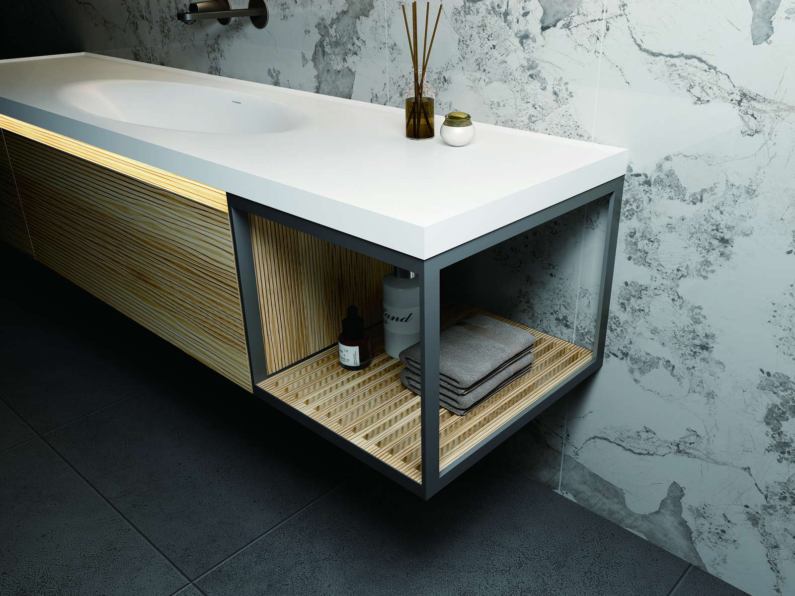 A wall-hung vanity with an open shelf beneath the basin