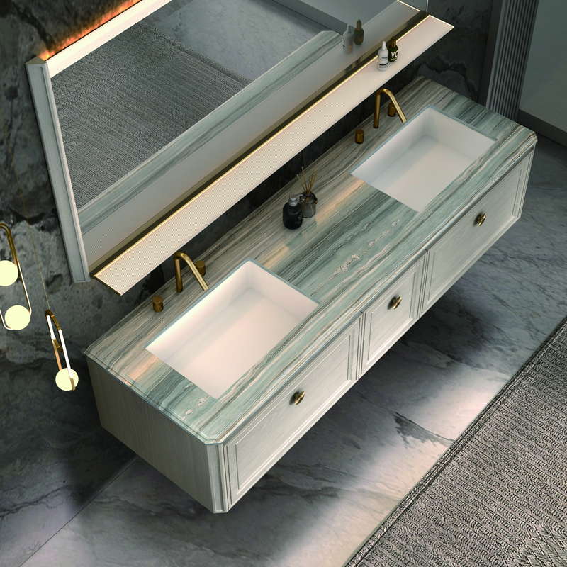 Solid wood vanity drawer opened to show interior storage