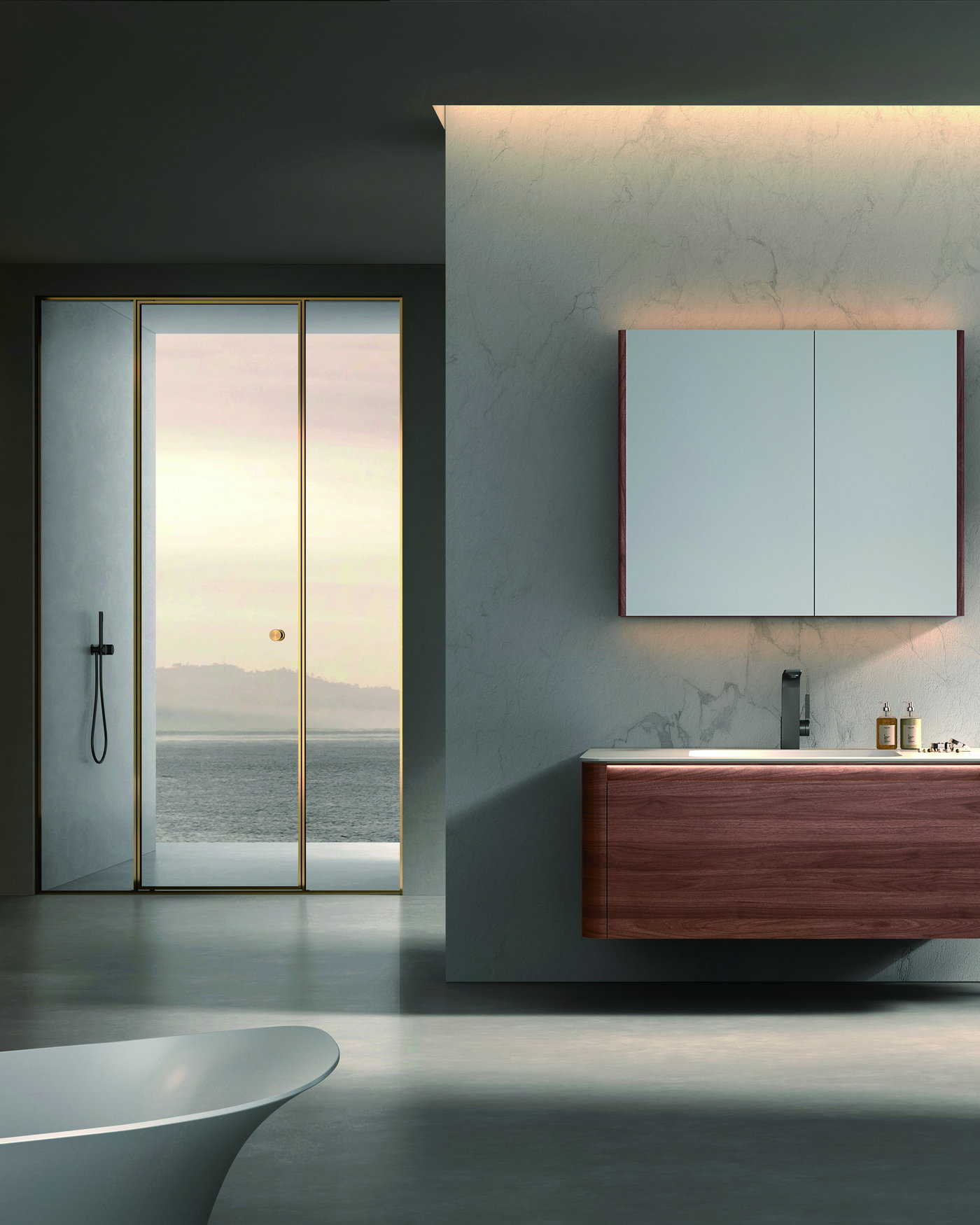 A bathing area with a mirror cabinet and shower fittings