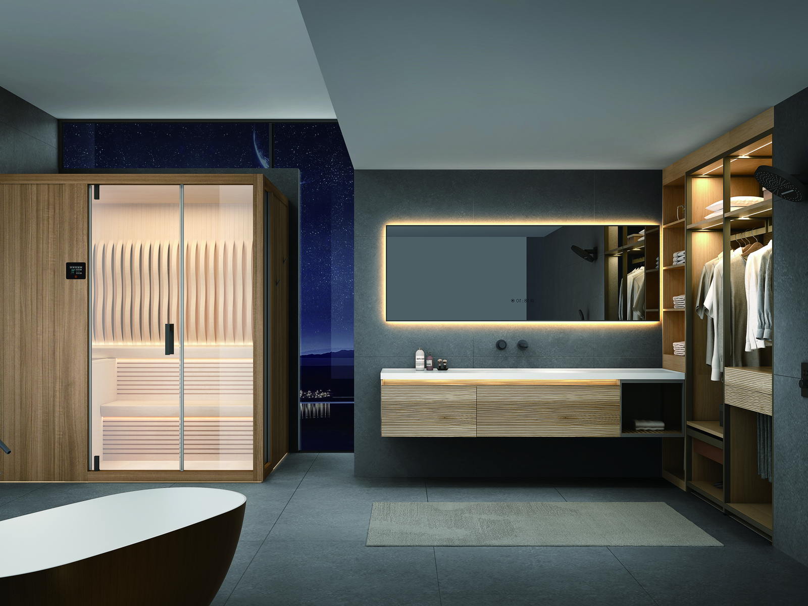Floor-standing solid wood bathroom vanity with tall storage