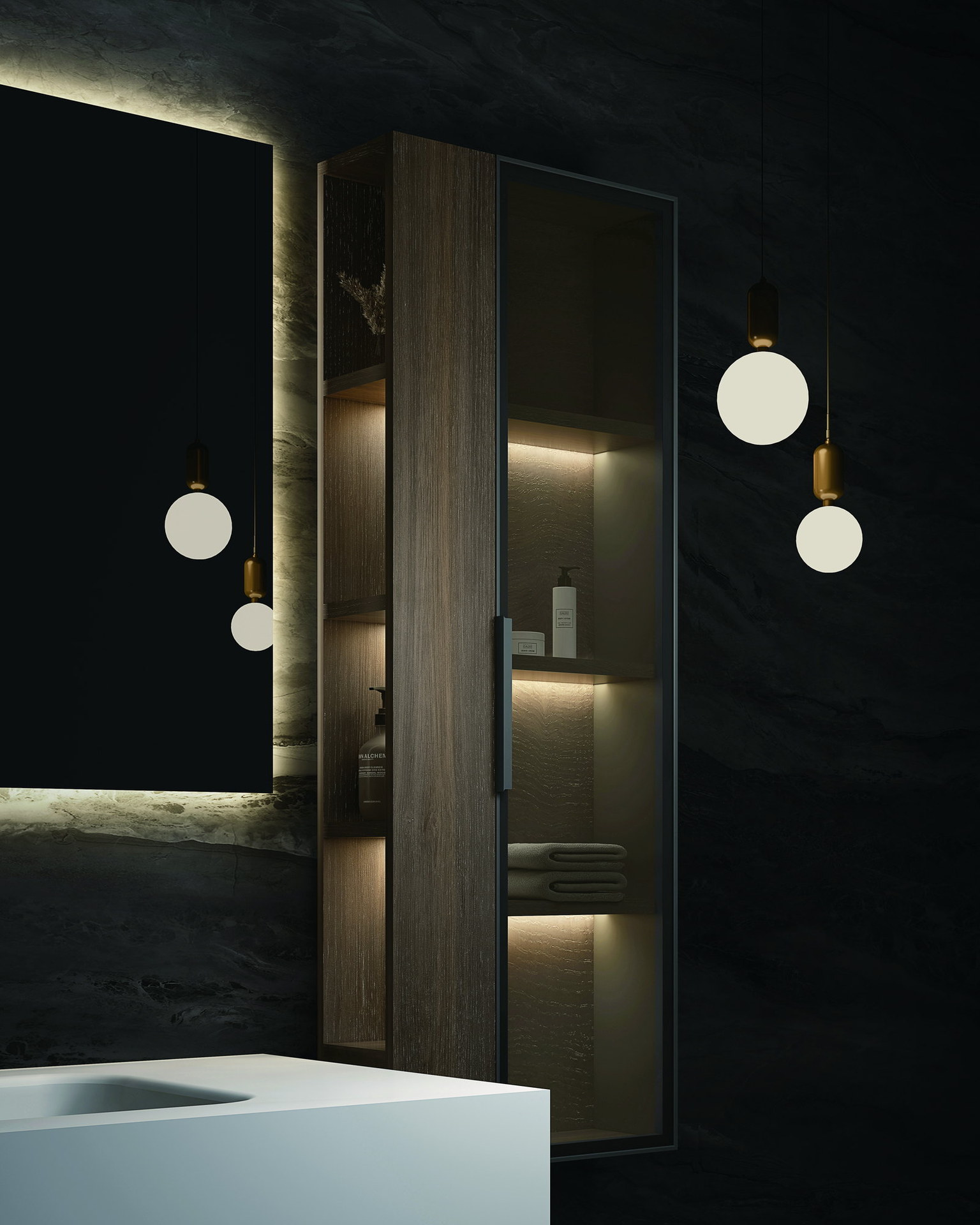 Solid wood bathroom vanity with a visible natural grain door