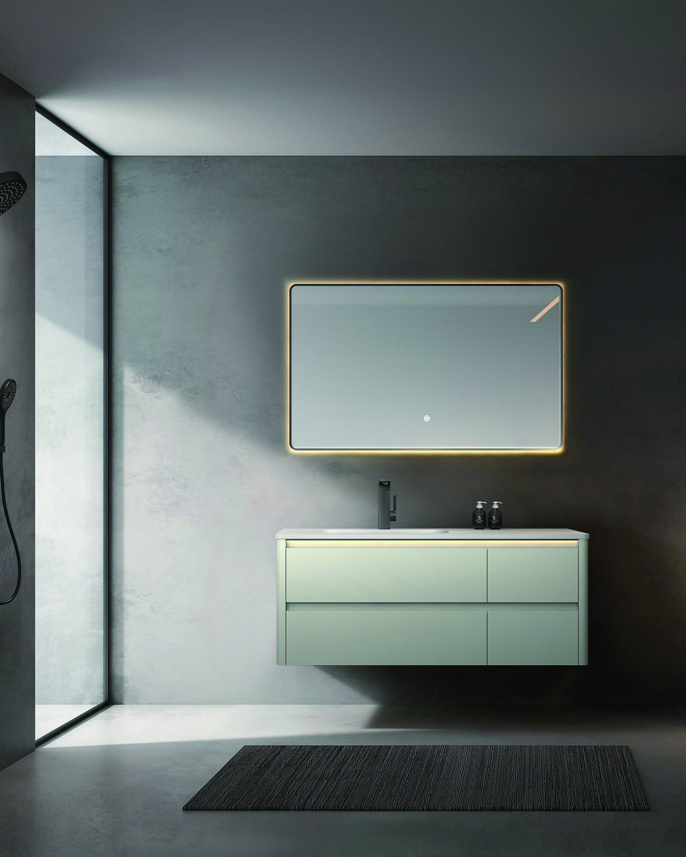 Solid wood vanity configuration compared against the bathroom wall
