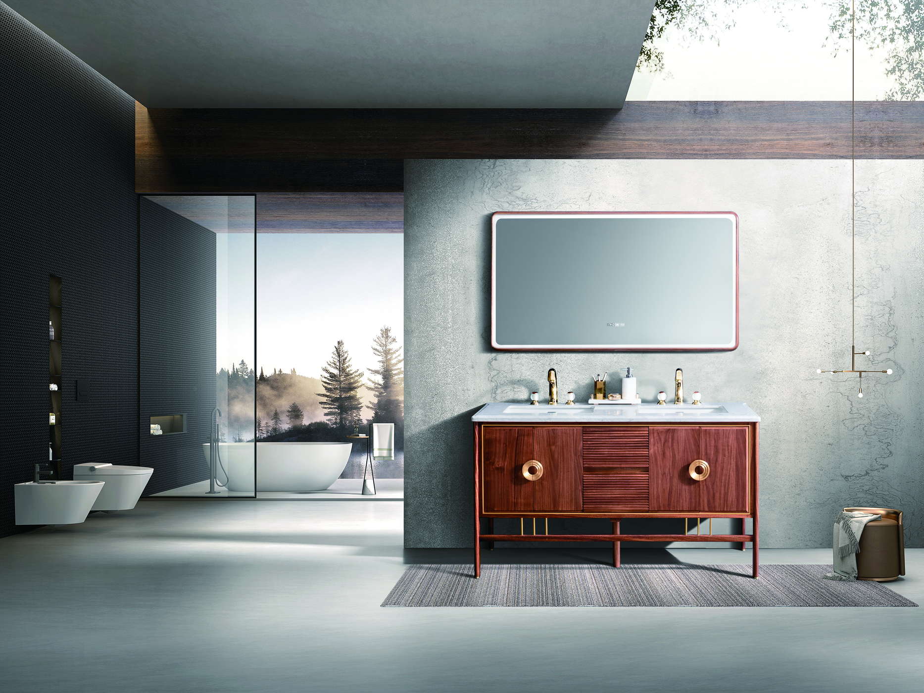 Showroom display of a solid wood bathroom vanity