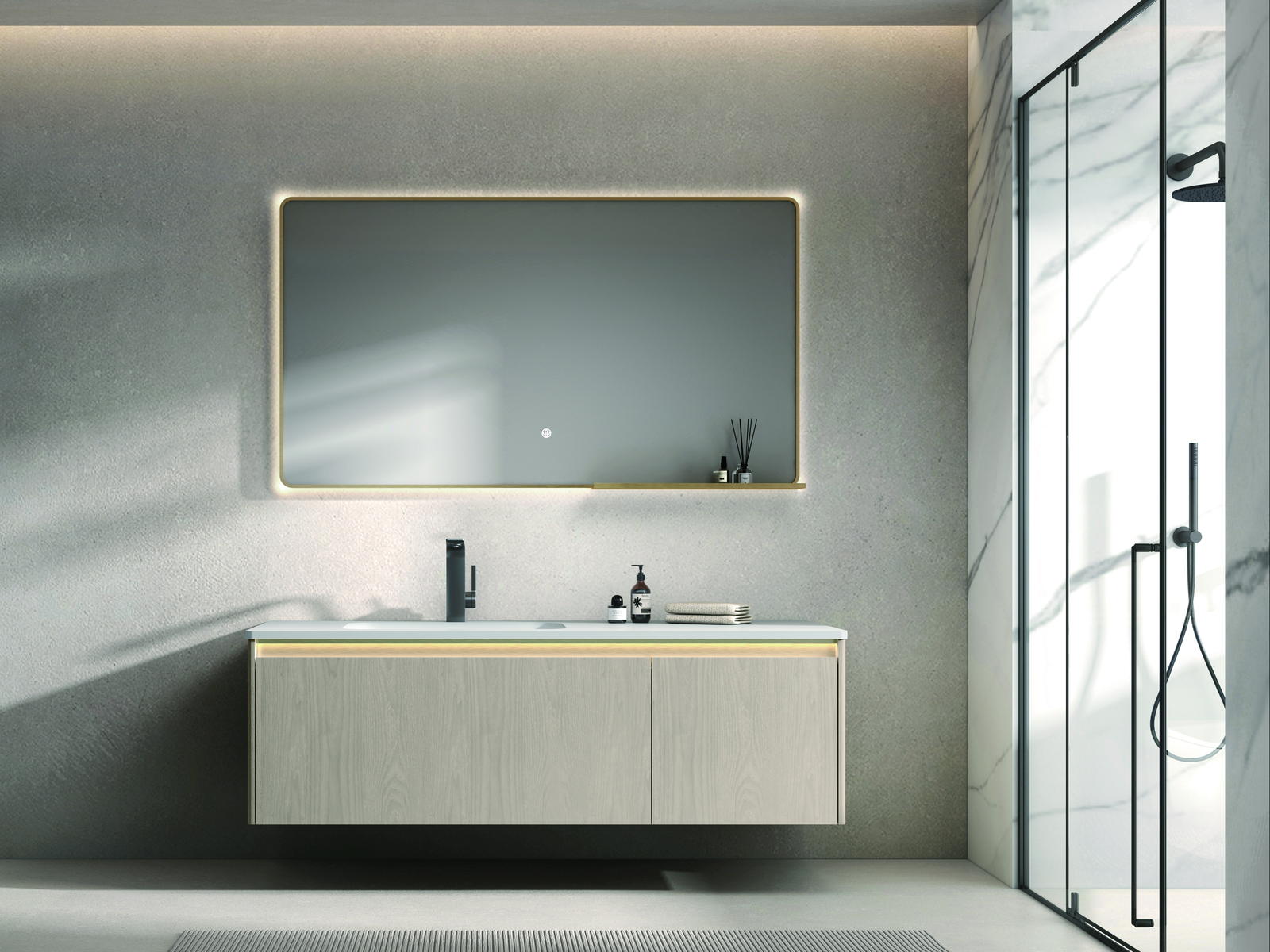 Single-sink solid wood bathroom vanity on a finished wall