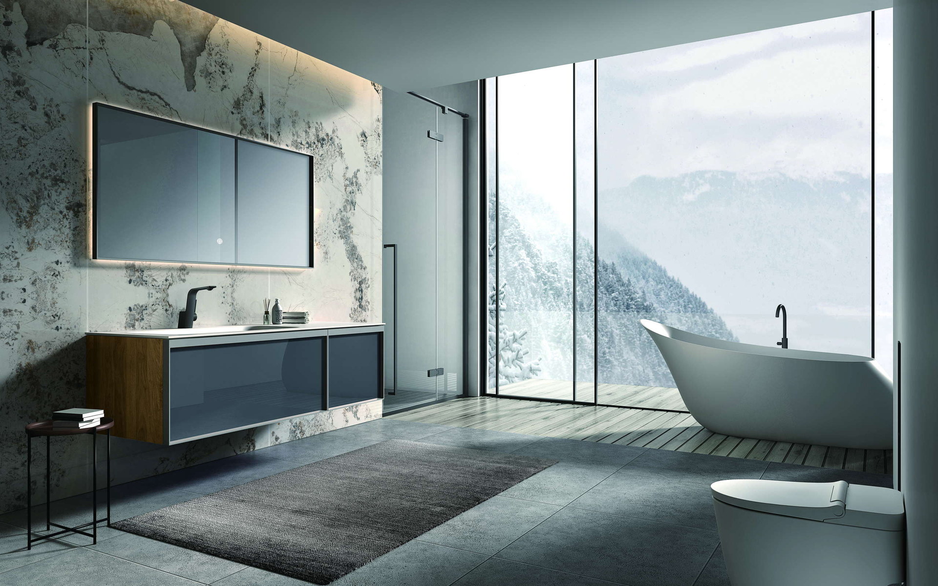 Solid wood bathroom vanity fitted against a finished wall