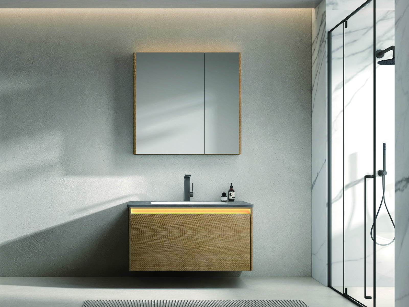 Wall-mounted solid wood bathroom vanity with a mirror