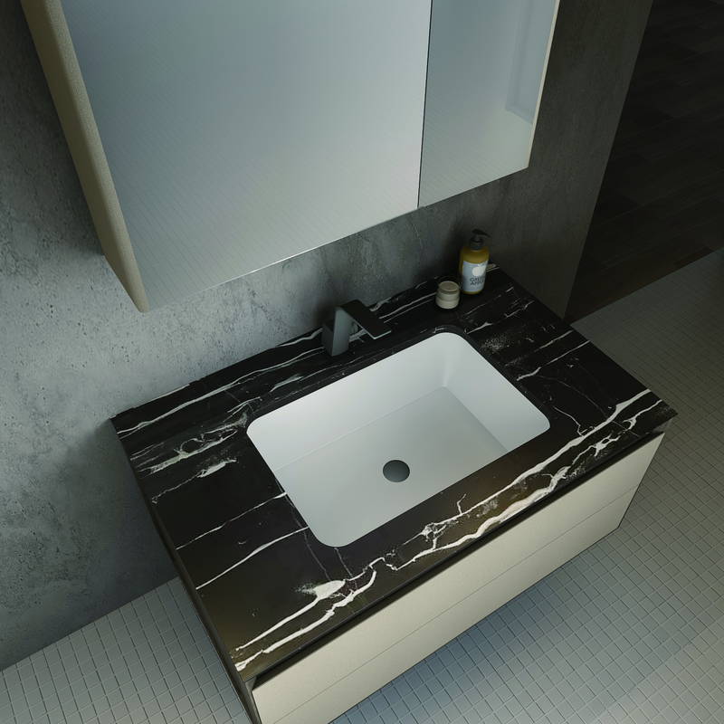 Wide solid wood vanity layout with an integrated stone top