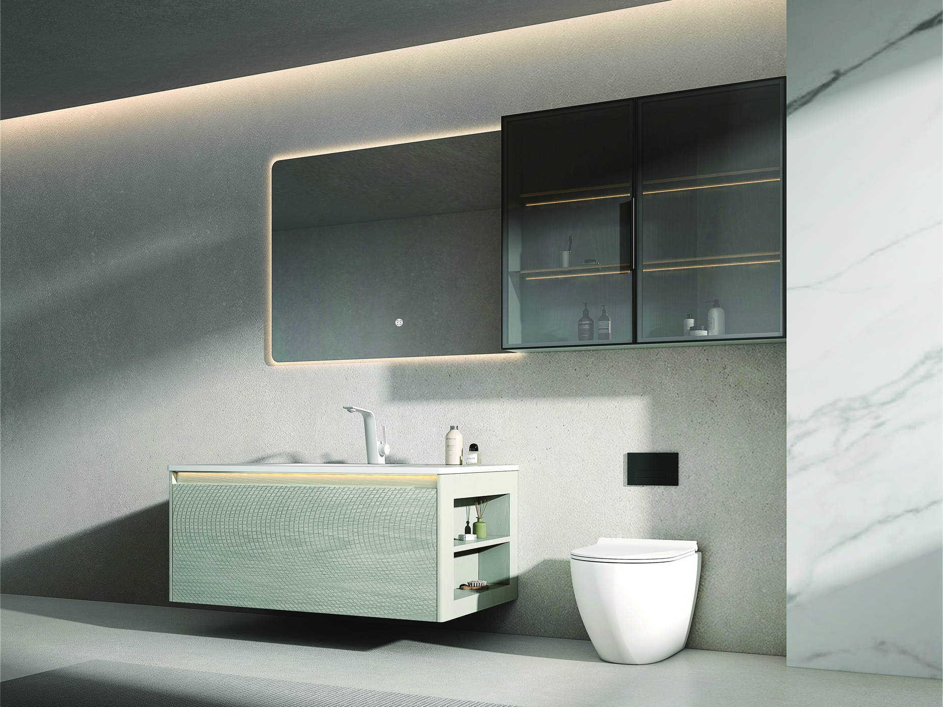 Toilet shown beside the vanity at specification scale