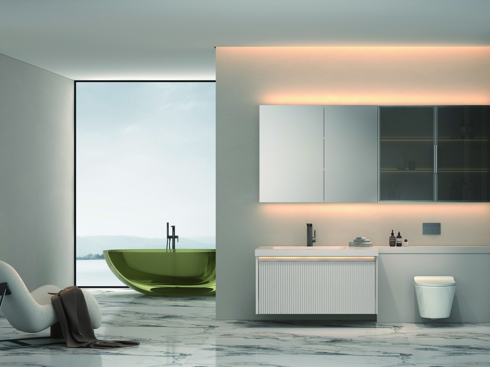 Toilet coordinated with the vanity and mirror cabinet