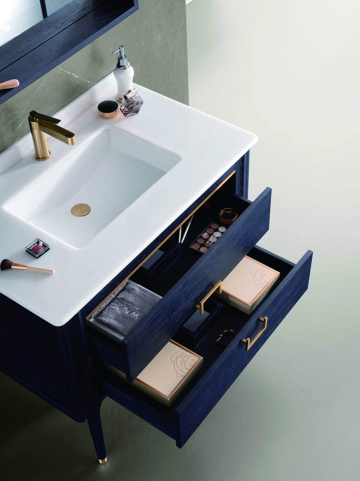 Bathroom cabinet drawer and basin shown in close detail