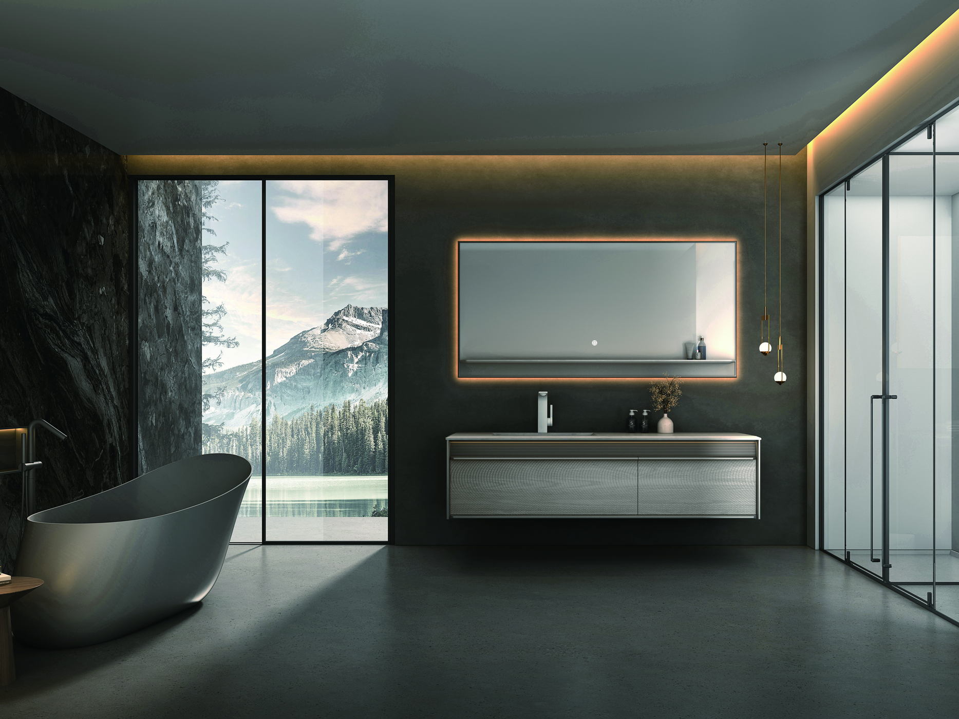 A bathroom with a freestanding tub beside a glass screen