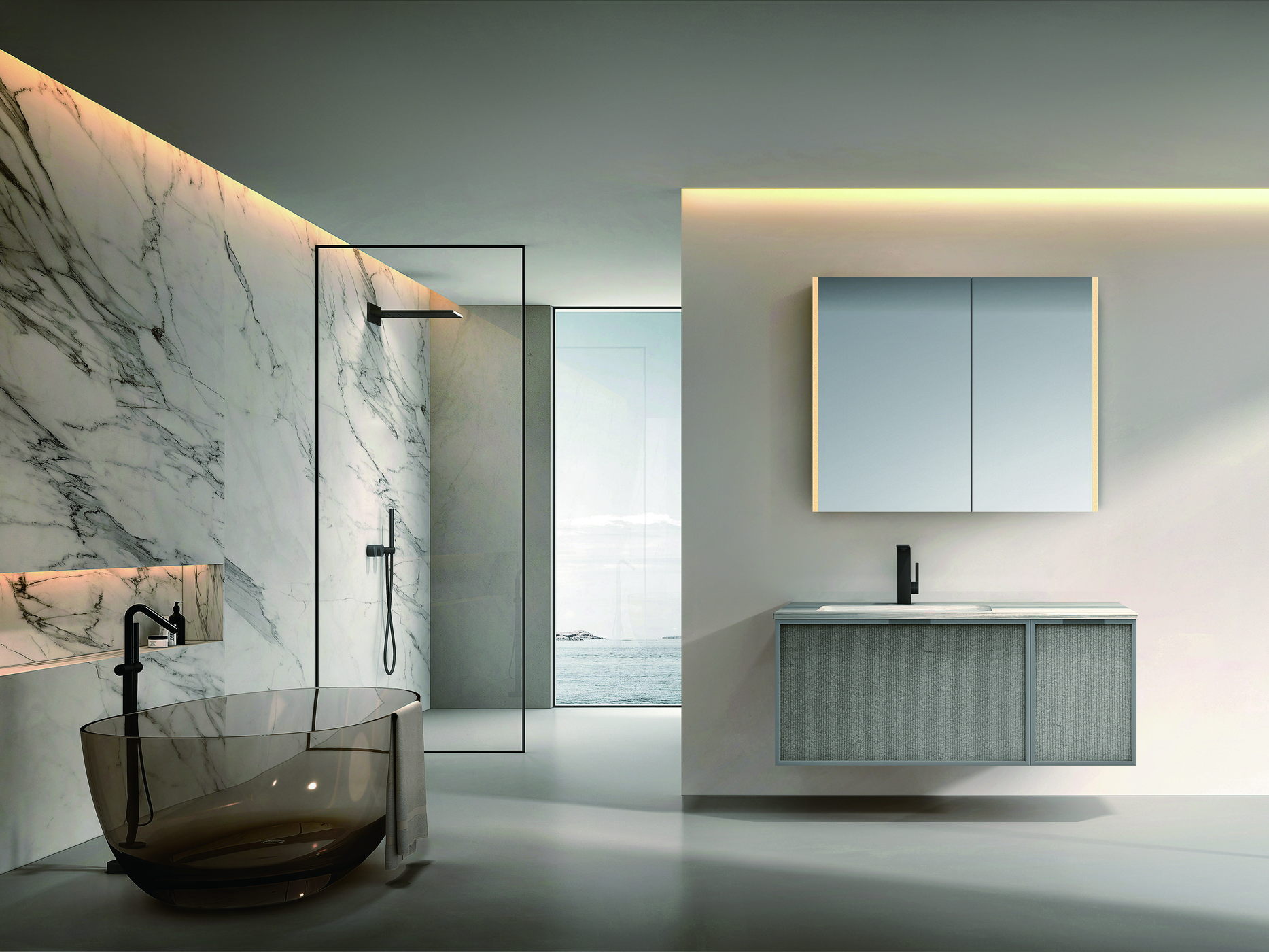 Wet room with a fixed glass shower screen