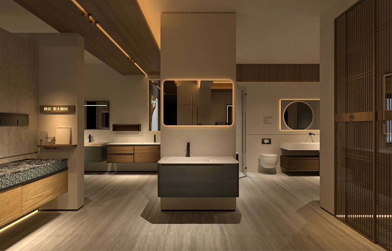 A showroom display of wall-mounted vanities and mirrors
