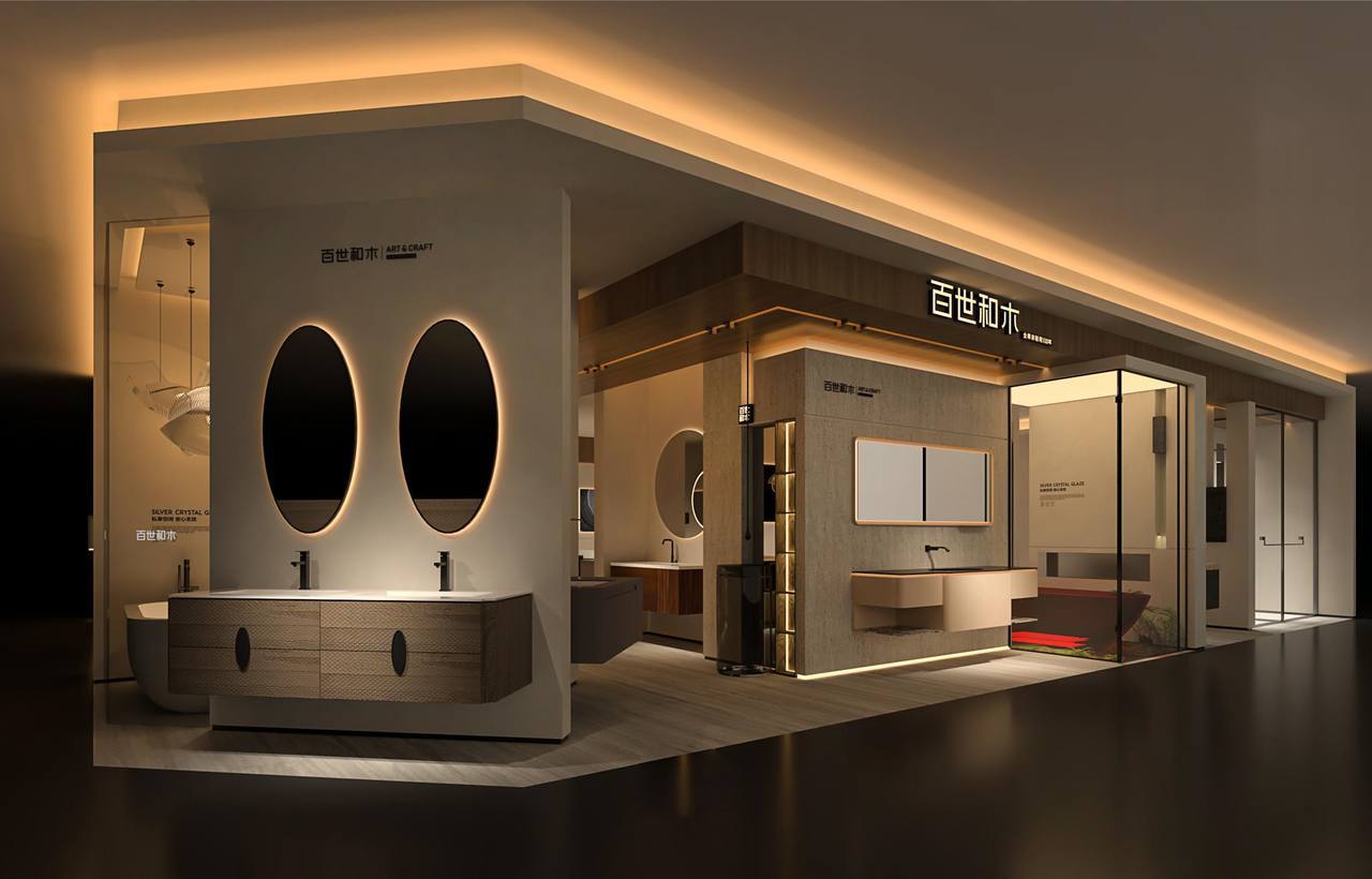 A showroom interior with lit oval mirrors above vanities