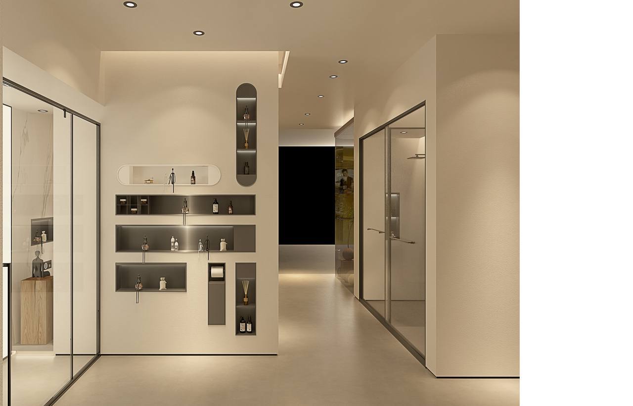 Showroom corridor displaying bathroom vanities, mirrors and shower enclosures
