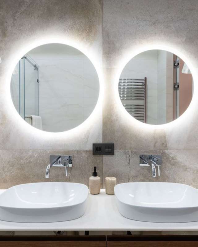 Floating double-sink bathroom vanity with storage drawers