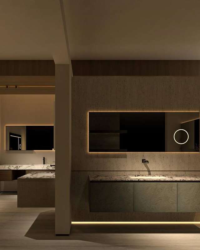 Wall-hung vanity cabinet detail showing finish and hardware