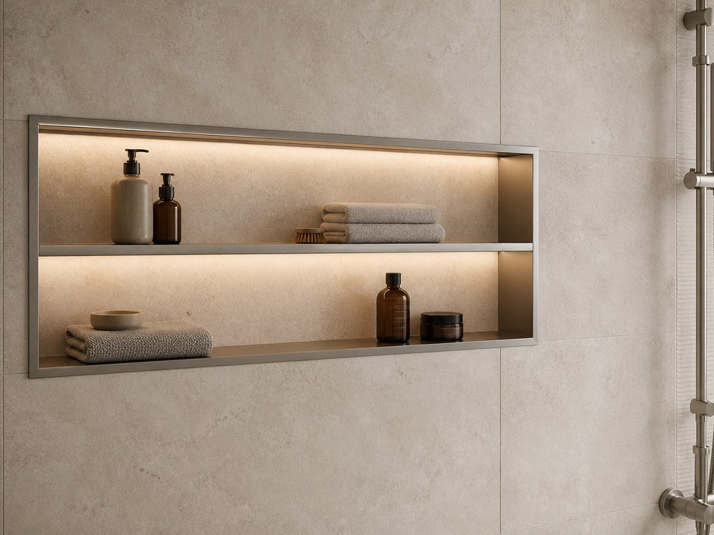 Illuminated recessed bathroom niche with towels